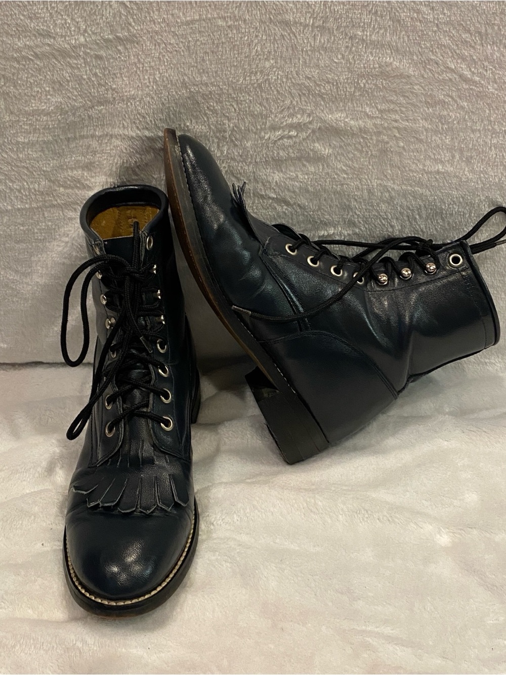 Kids' Unisex Vintage Justin Ropers Lace-up Boots Kiltie Navy Blue Sz 3.5 D EUC